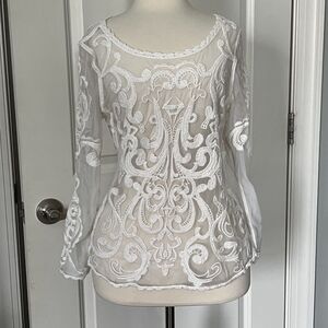 Express Women's Ivory Long Sleeve Swirl Lace Sheer Top, Size M and Scoop Neck
